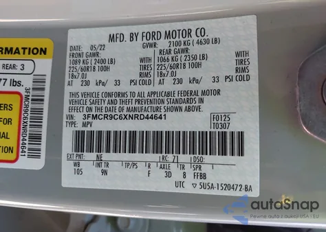 2022 Ford Bronco Sport Outer Banks z USA, uszkodzony, nr VIN 3FMCR9C6XNRD44641